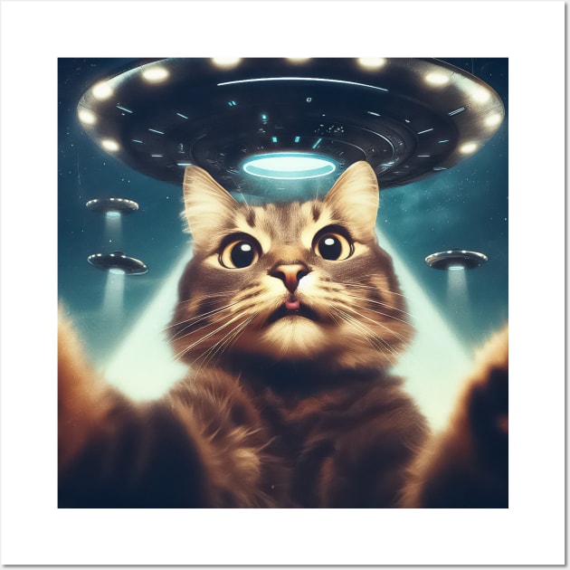 Funny Cat selfie with UFO Wall Art by TomFrontierArt